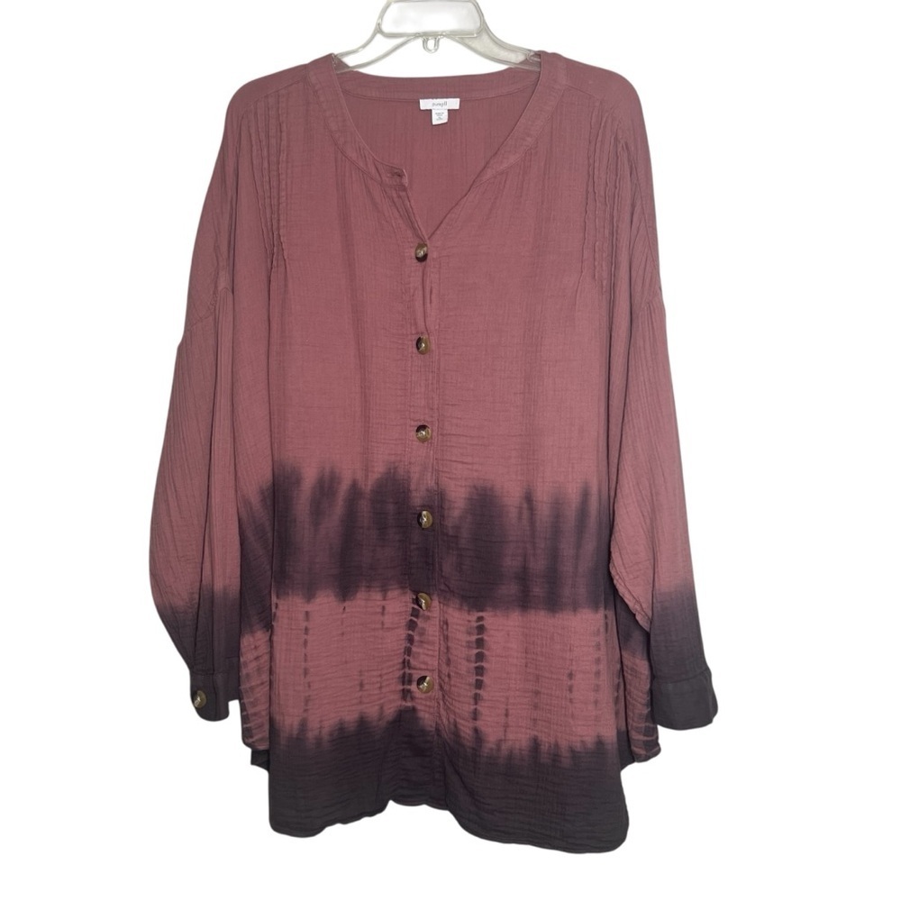 Pure Jill Tunic Top Womens Size Petite XL Cotton Gauzy Button Up Ombre Shirt